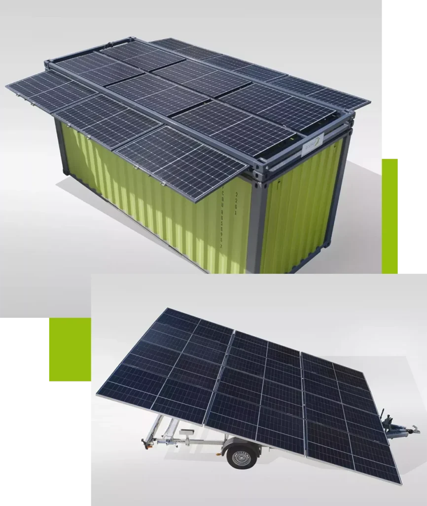 Cadre solaire Frame-Watt® sur container et remorque solaire Trailer-Watt®